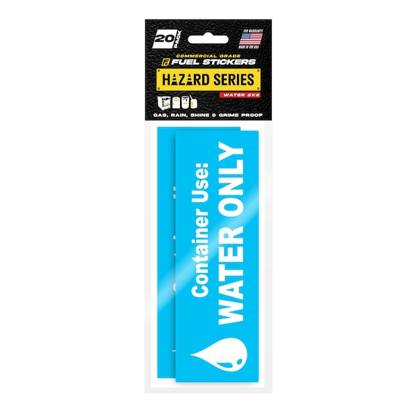 Water Only Sticker, Warning Label Sign for Jugs, Containers: Hvy-Dty, 6''x2'', 20PK